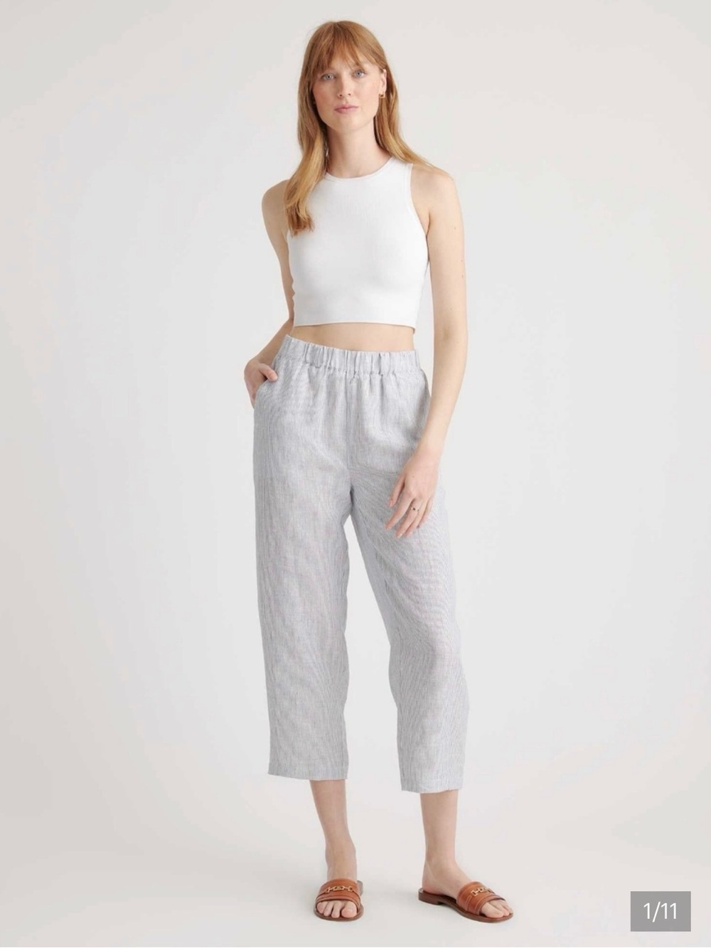 NWT Quince European Linen Blue Pinstripe Cropped Pants